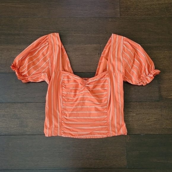 Free People Rose Garden Puff Sleeve Crop Top Womens Size M Orange & White Stripe - Picture 7 of 10